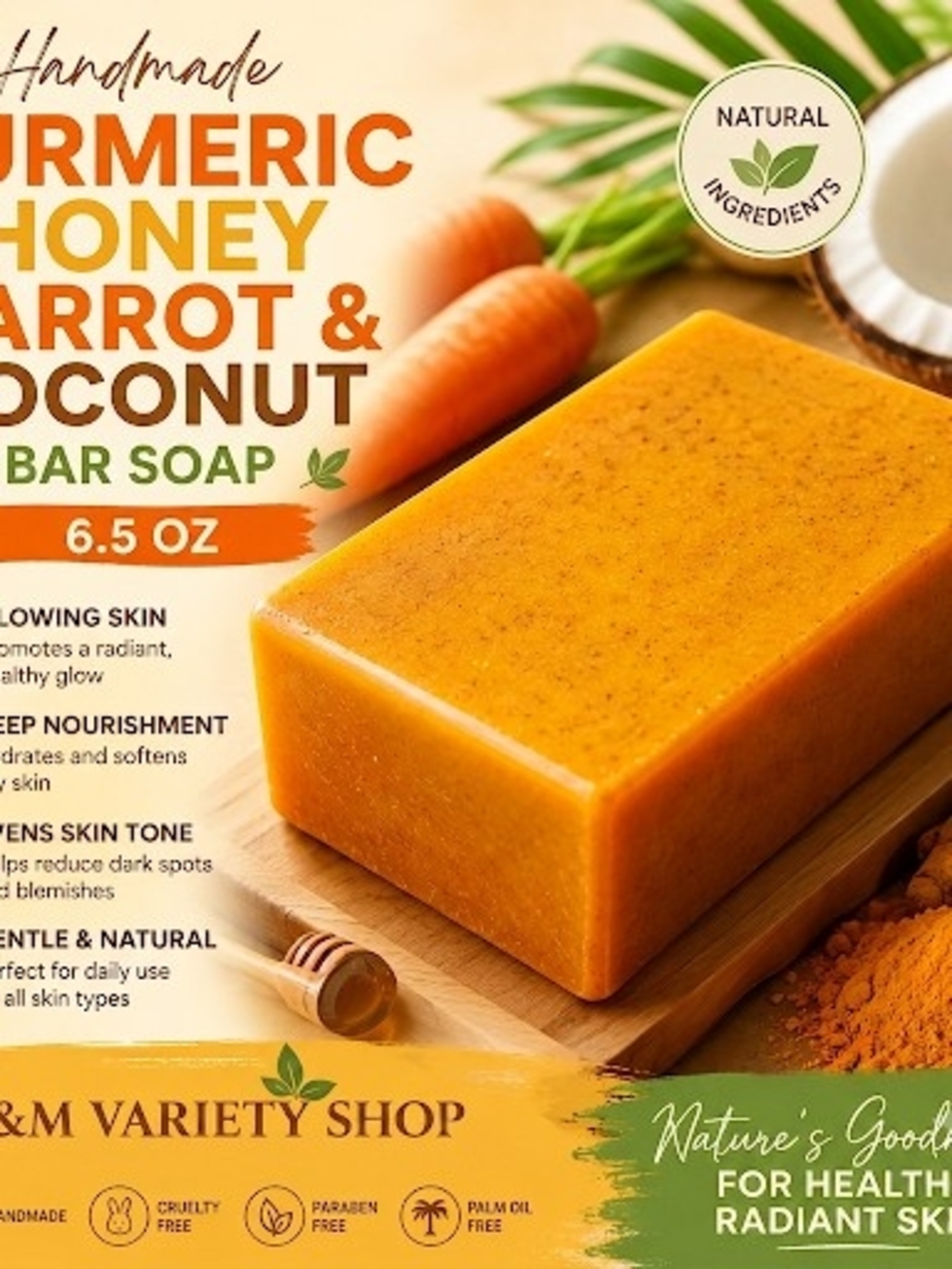 Handmade Turmeric Honey Carrot & Coconut Bar Soap - Orange